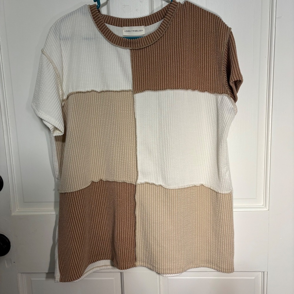 Lovely Melody Womens Patchwork Waffle Knit Short Sleeve Top Brown Cream Tan XL